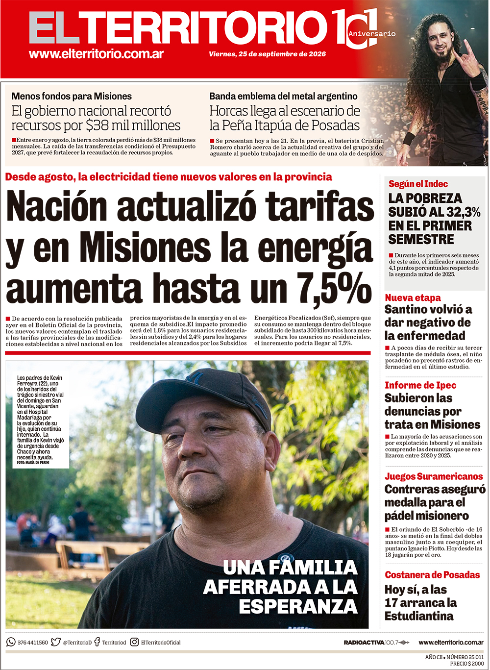 Tapa del diario El Territorio 25/09/2026