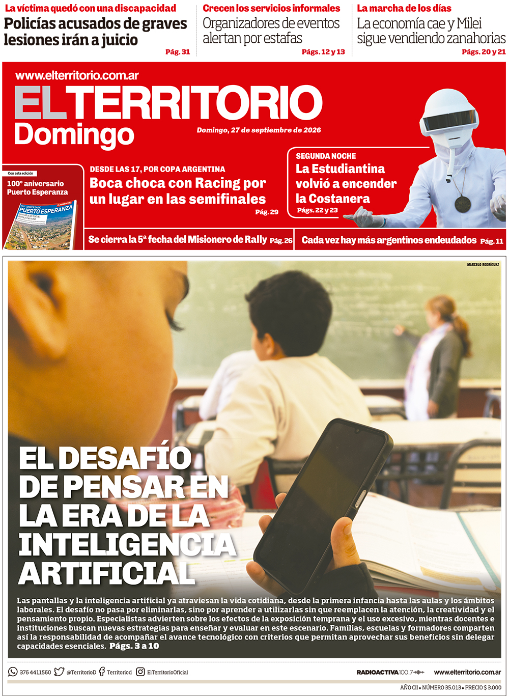 Tapa del diario El Territorio 27/09/2026