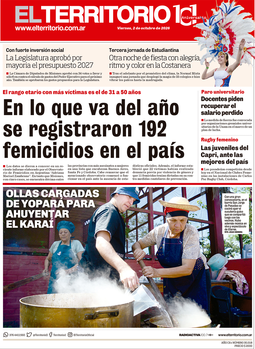 Tapa del diario El Territorio 02/10/2026