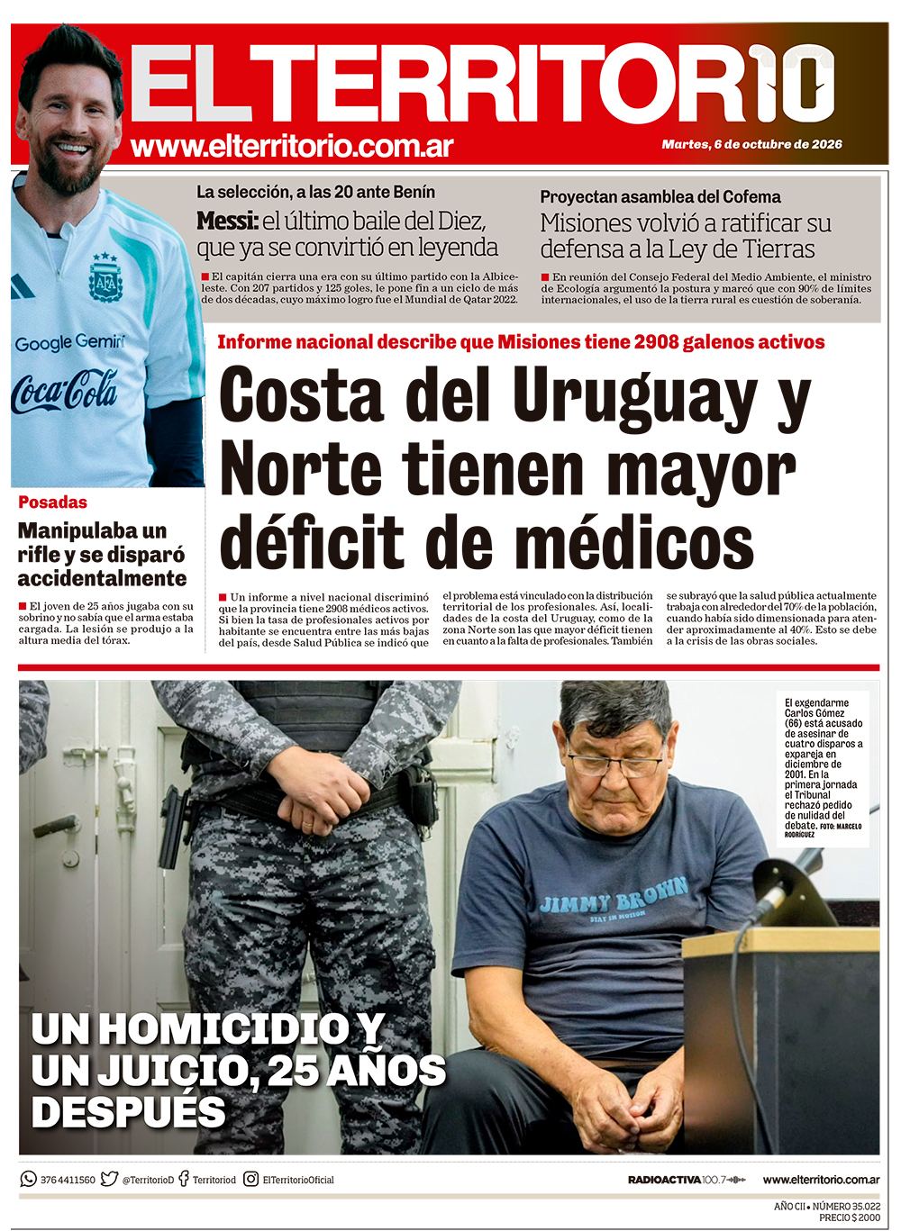 Tapa del diario El Territorio 06/10/2026
