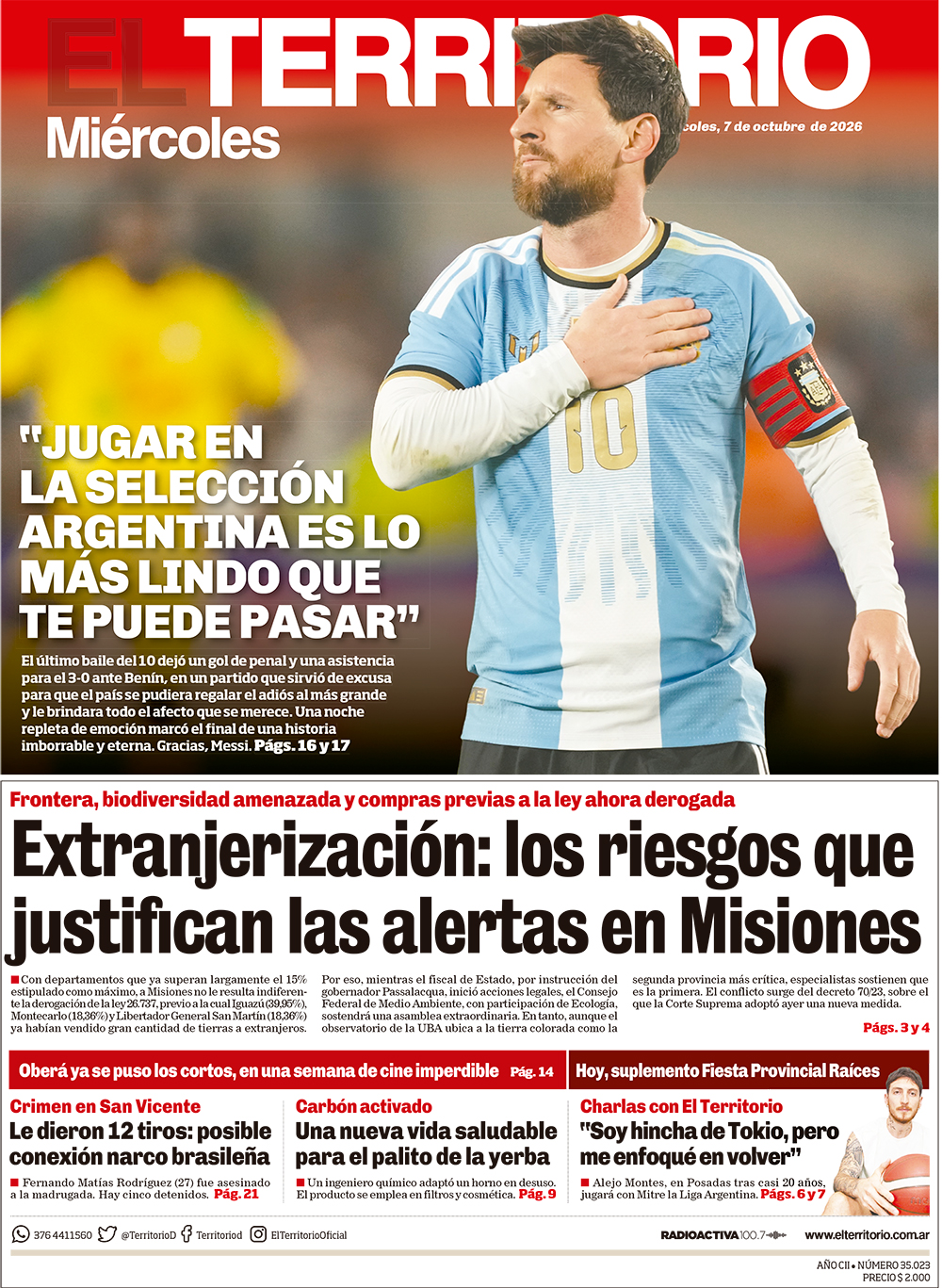 Tapa del diario El Territorio 07/10/2026