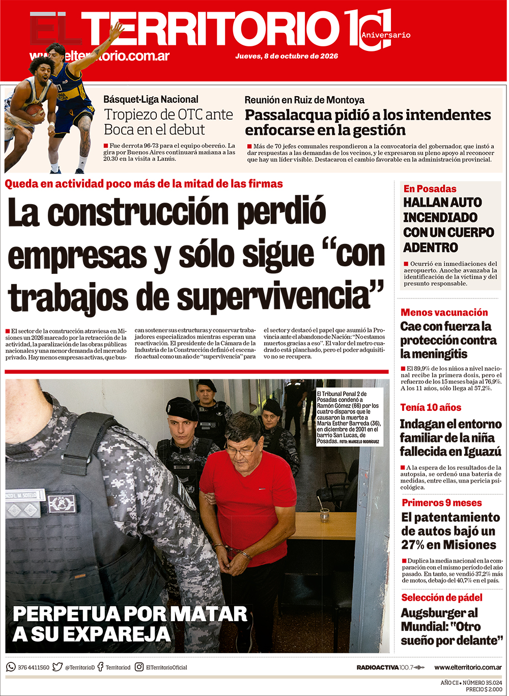 Tapa del diario El Territorio 08/10/2026