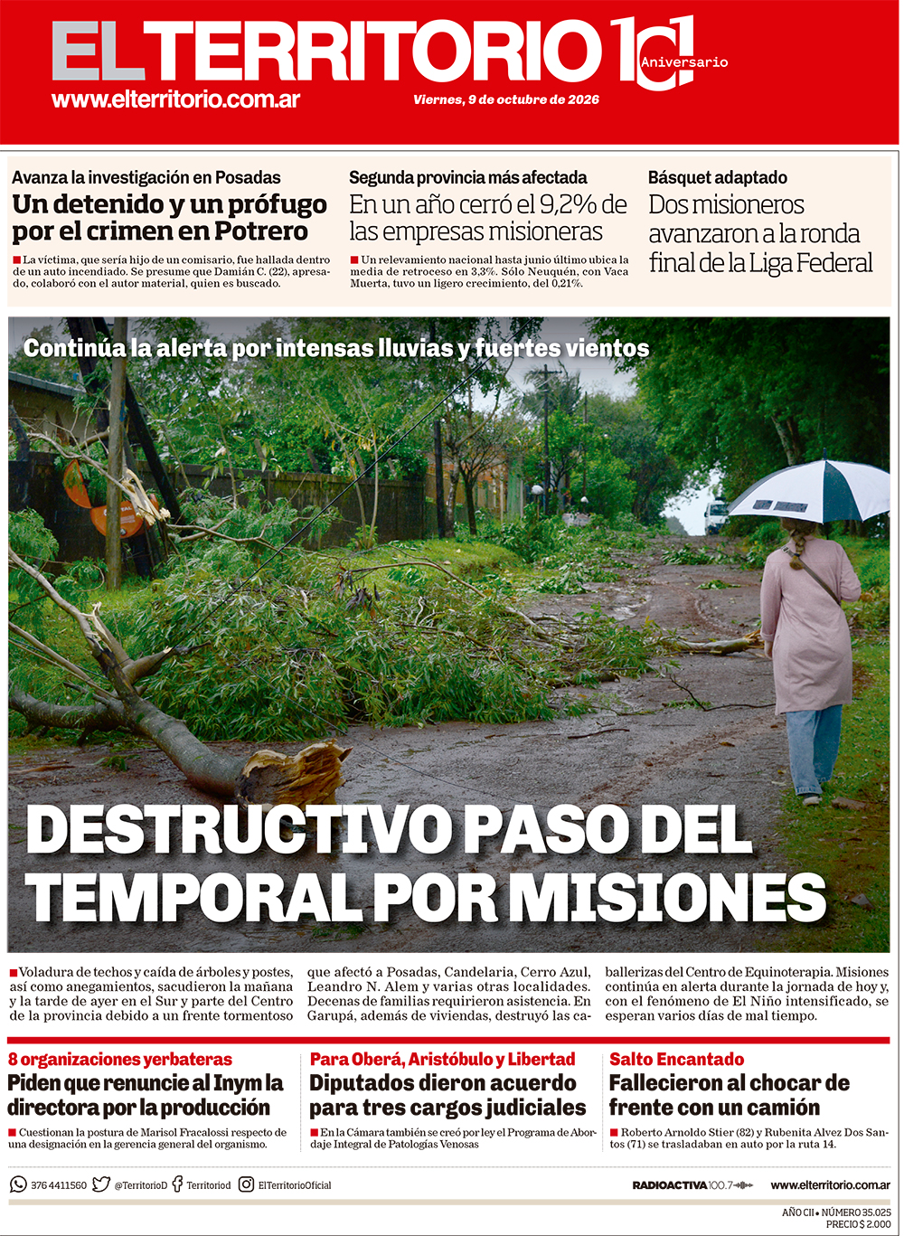 Tapa del diario El Territorio 09/10/2026