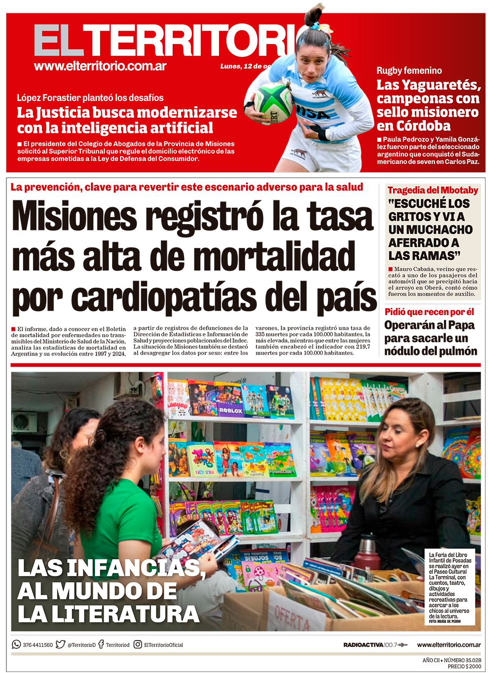 Tapa del diario El Territorio 12/10/2026