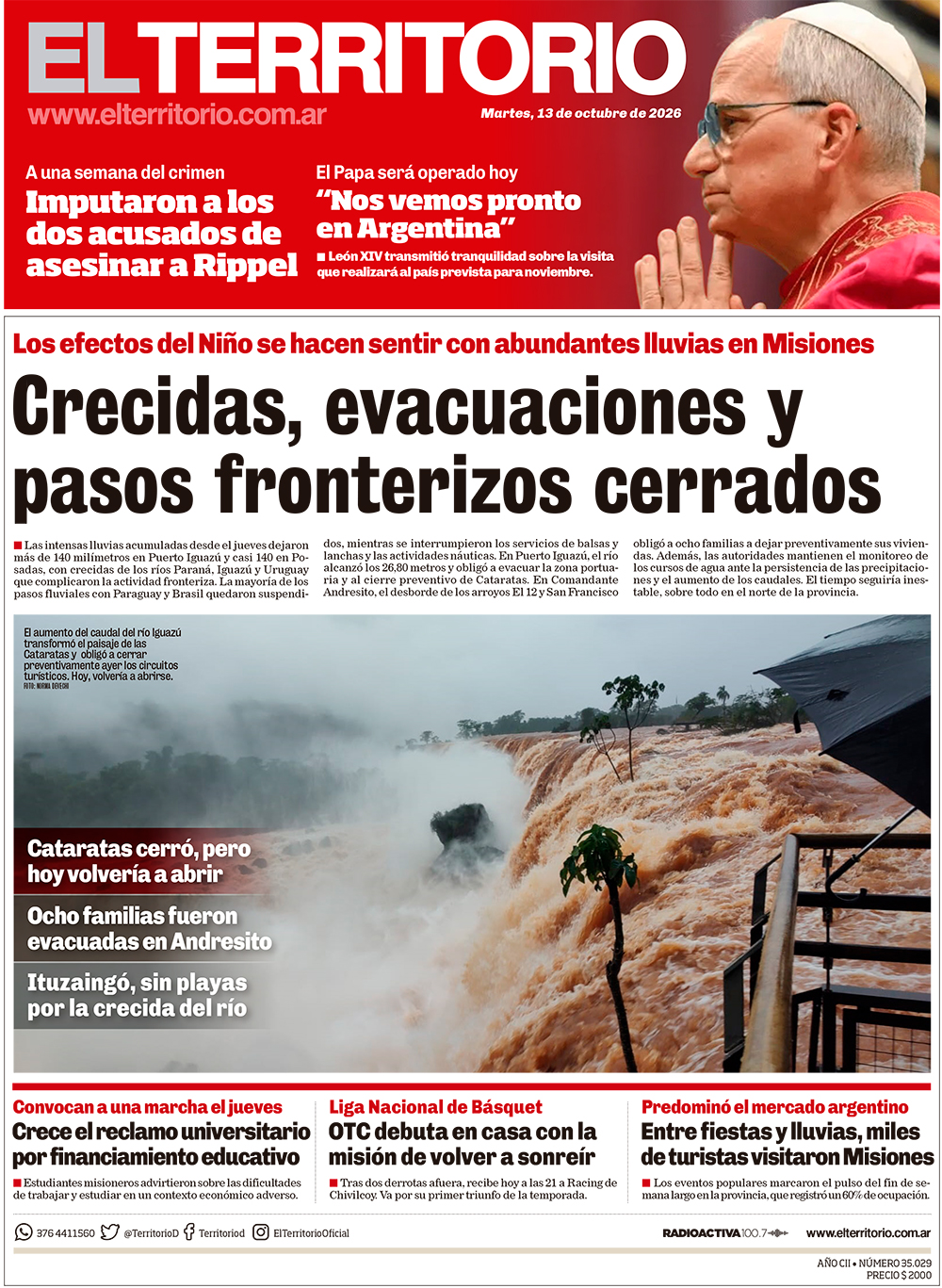 Tapa del diario El Territorio 13/10/2026
