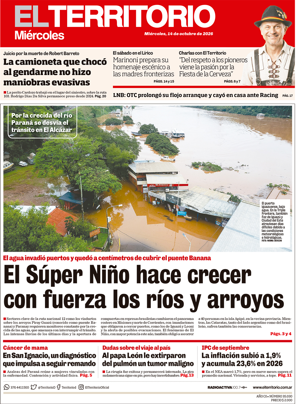 Tapa del diario El Territorio 14/10/2026