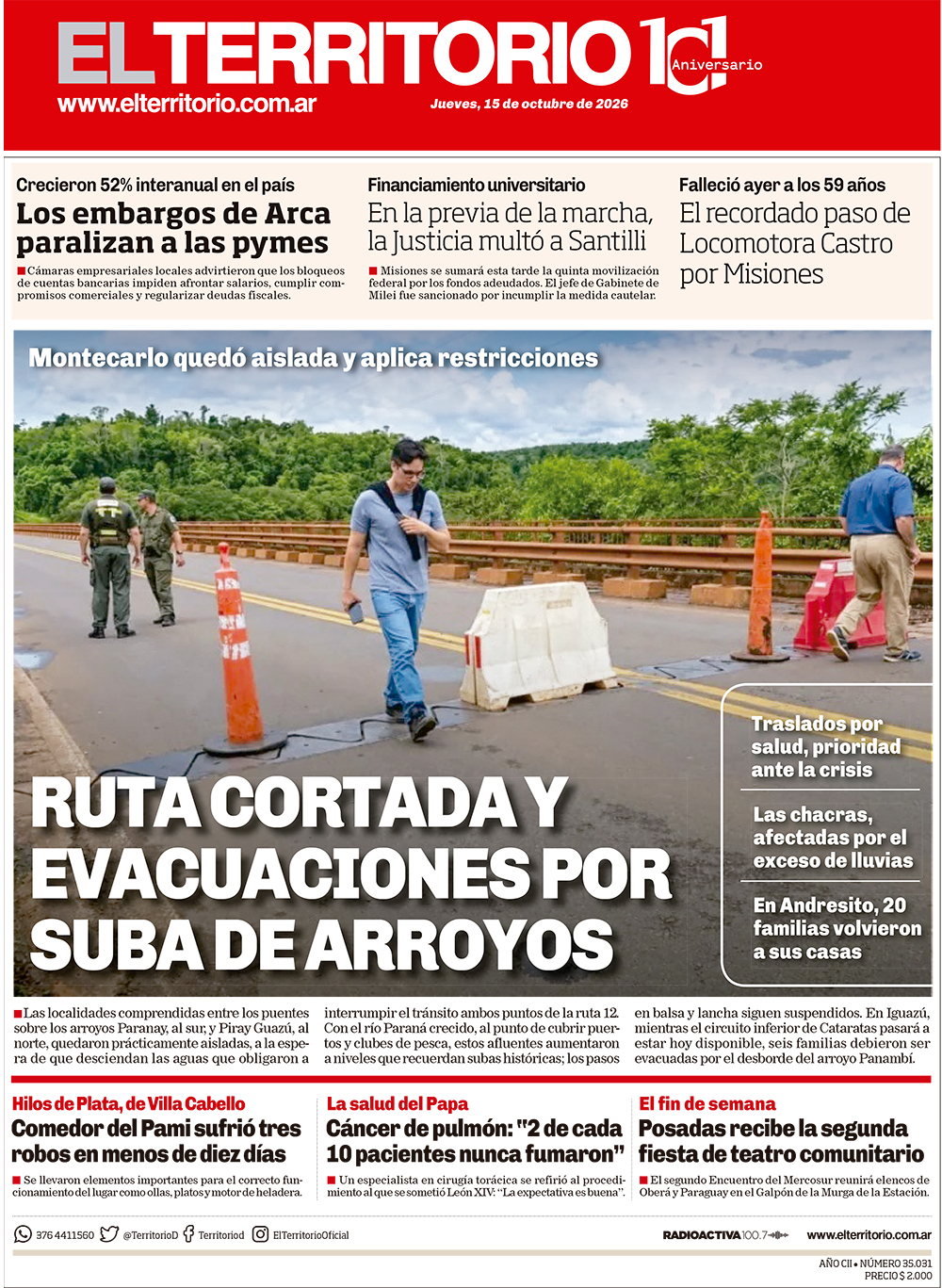 Tapa del diario El Territorio 15/10/2026