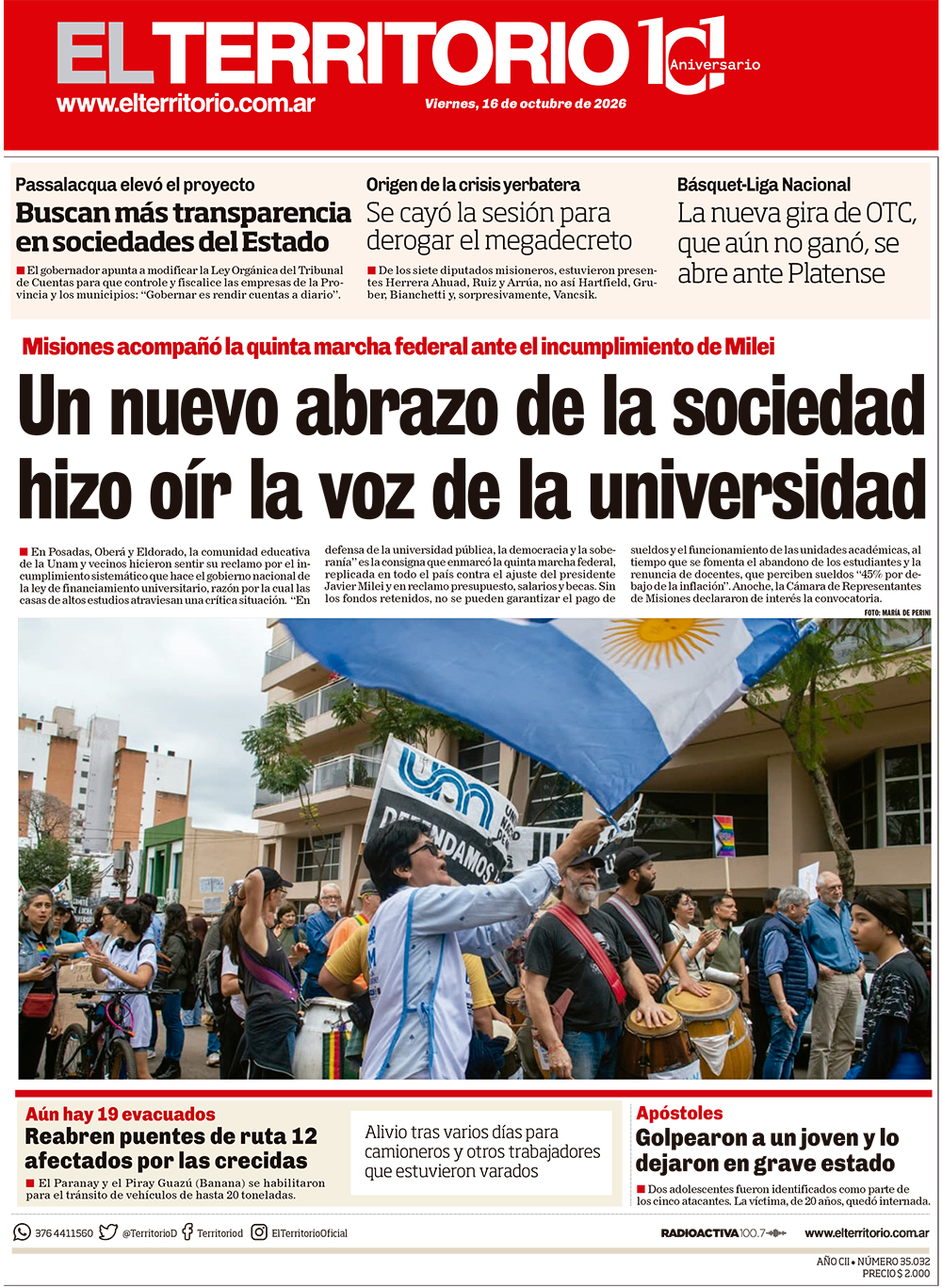 Tapa del diario El Territorio 16/10/2026
