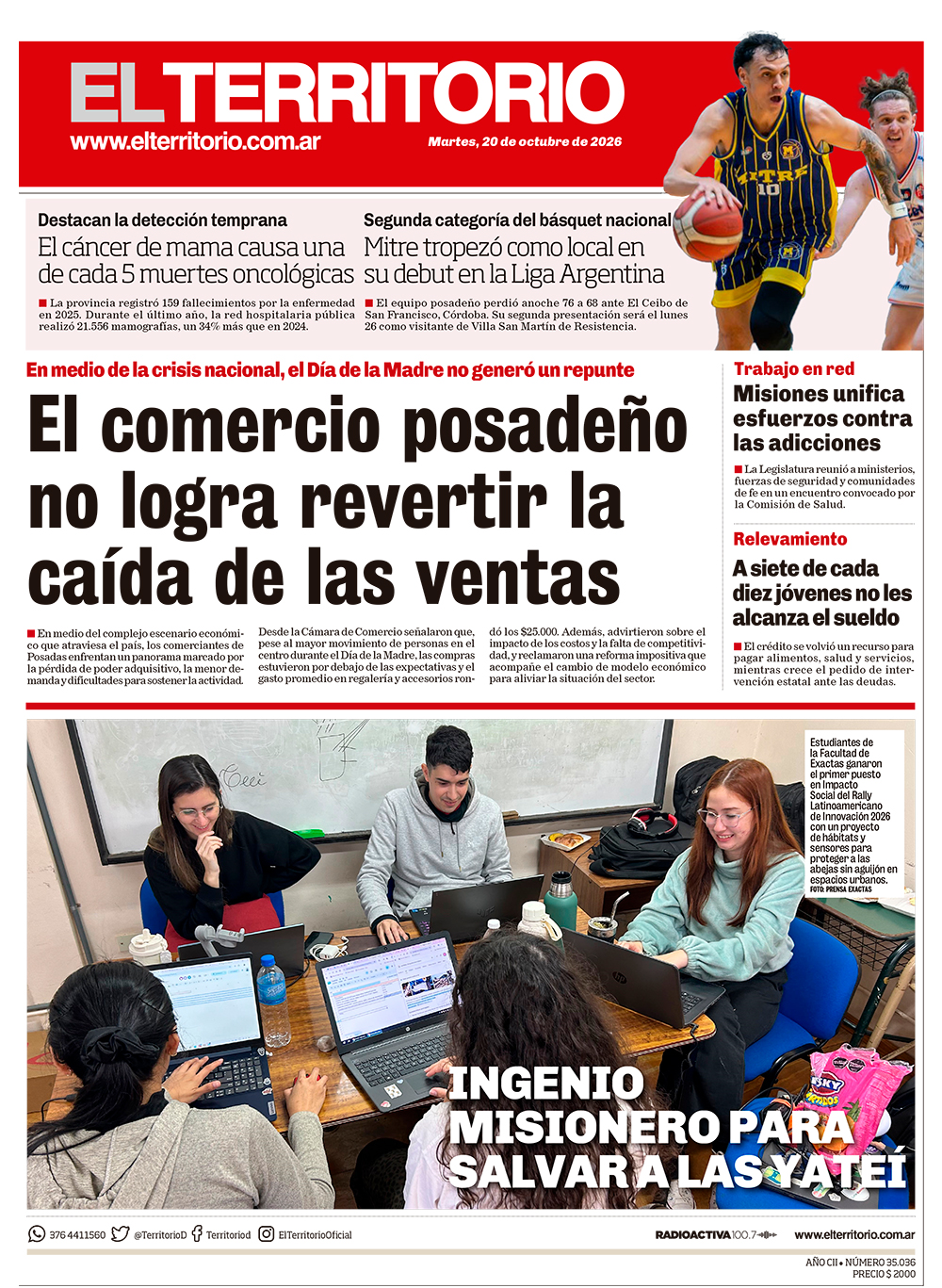 Tapa del diario El Territorio 20/10/2026