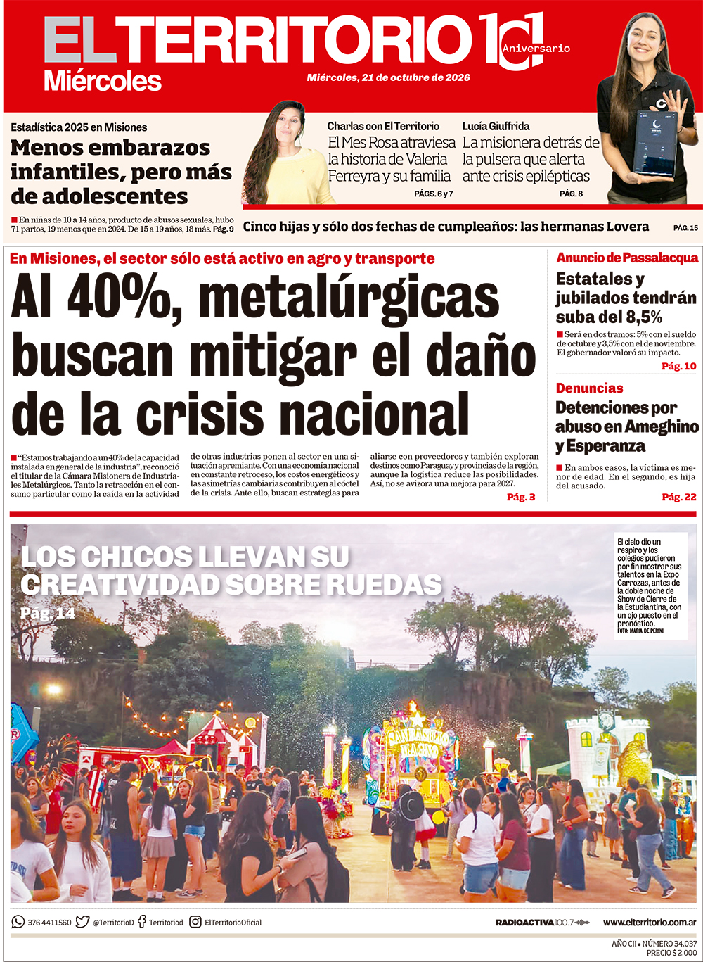 Tapa del diario El Territorio 21/10/2026