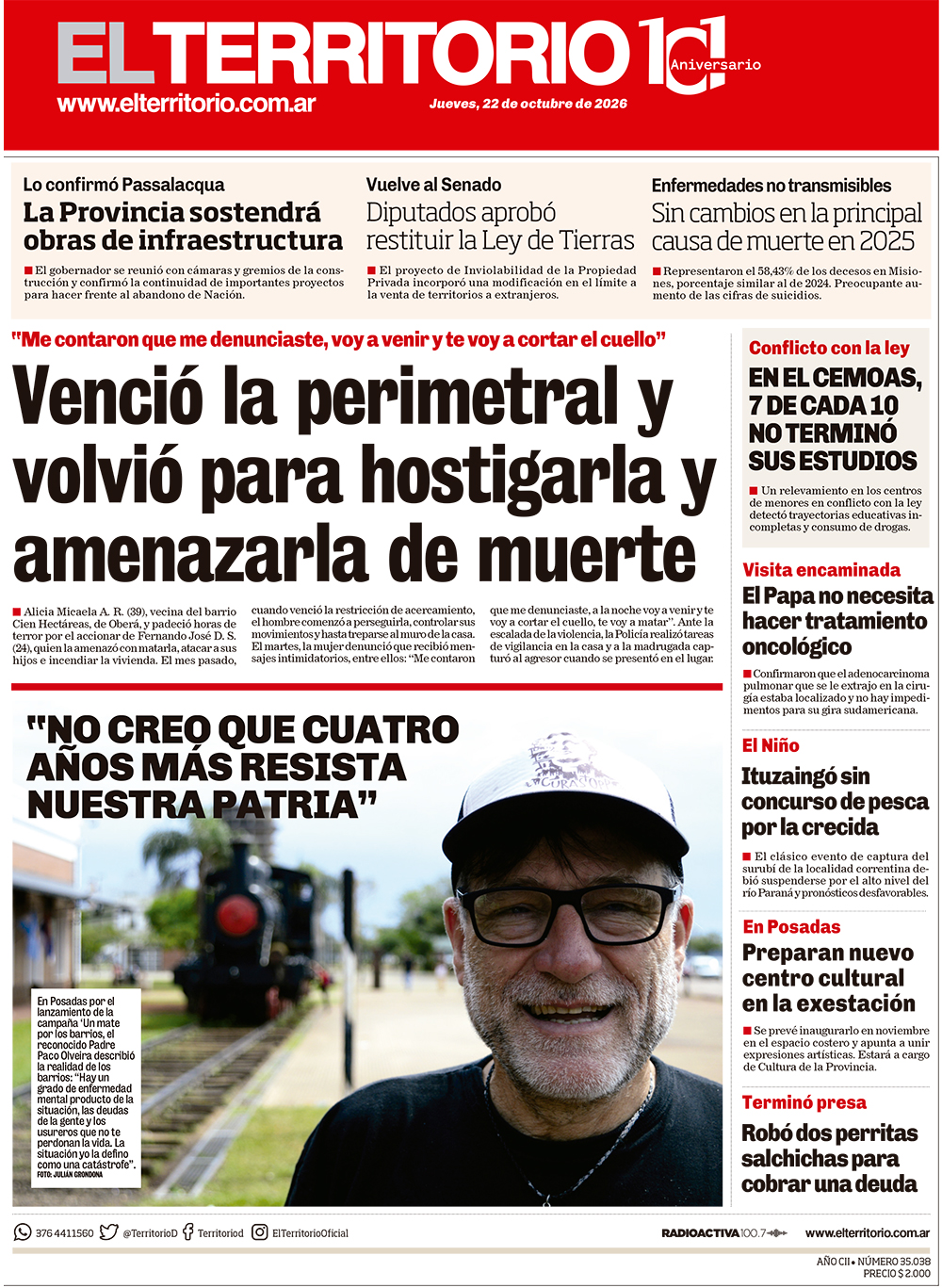 Tapa del diario El Territorio 22/10/2026