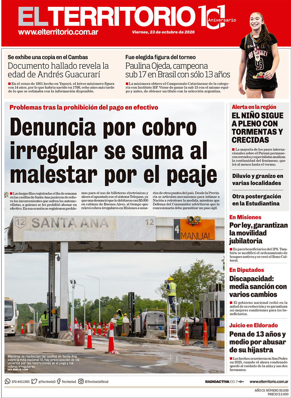Tapa del diario El Territorio 23/10/2026