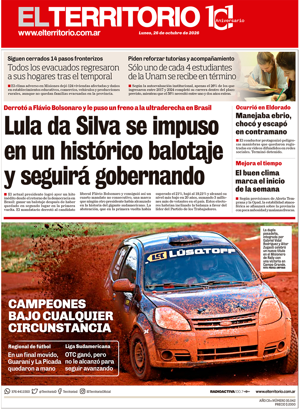 Tapa del diario El Territorio 26/10/2026