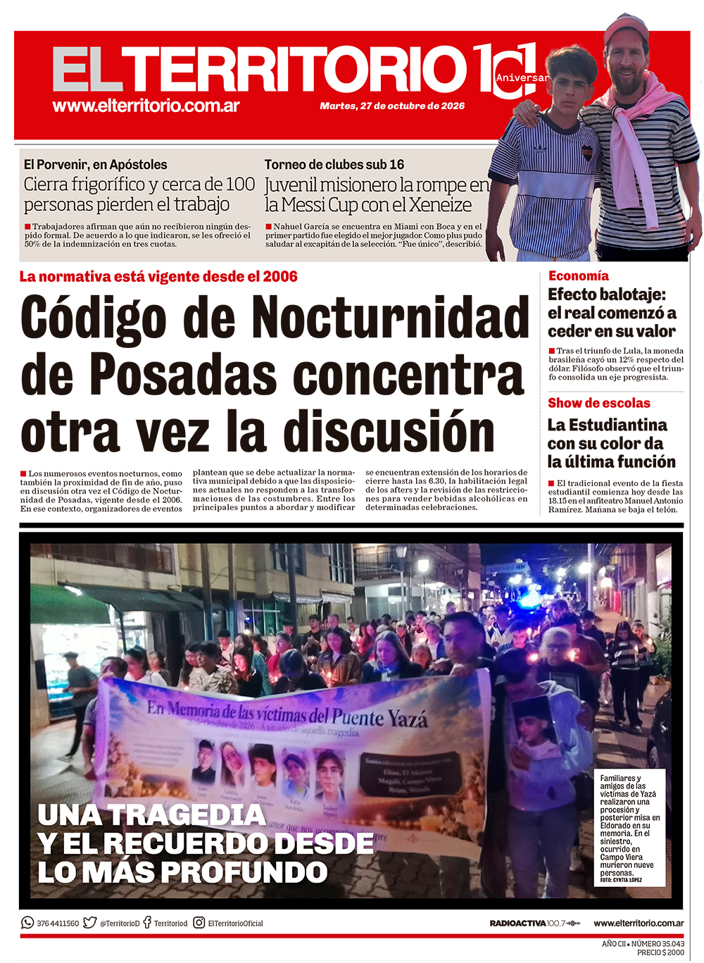 Tapa del diario El Territorio 27/10/2026