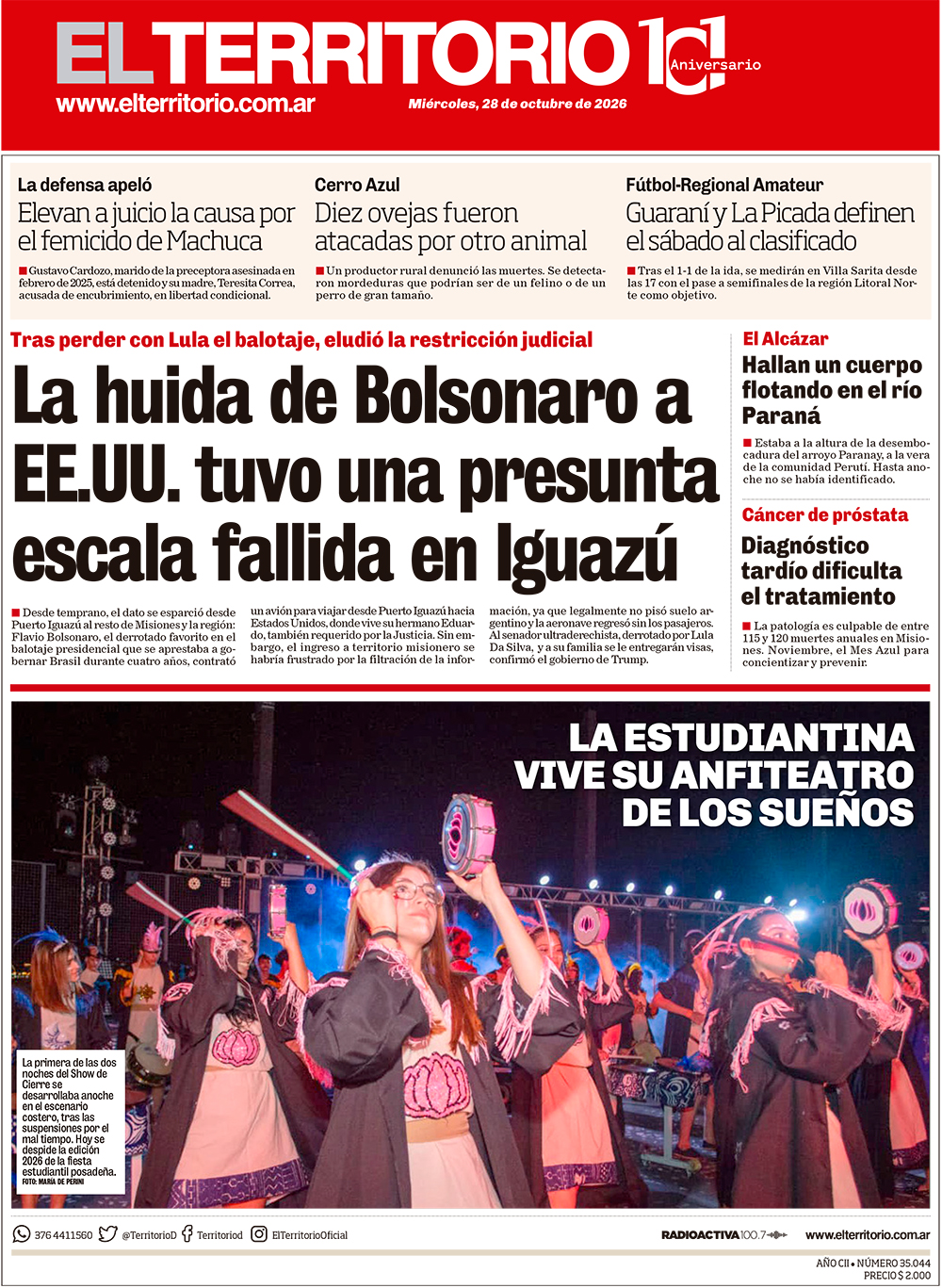 Tapa del diario El Territorio 28/10/2026