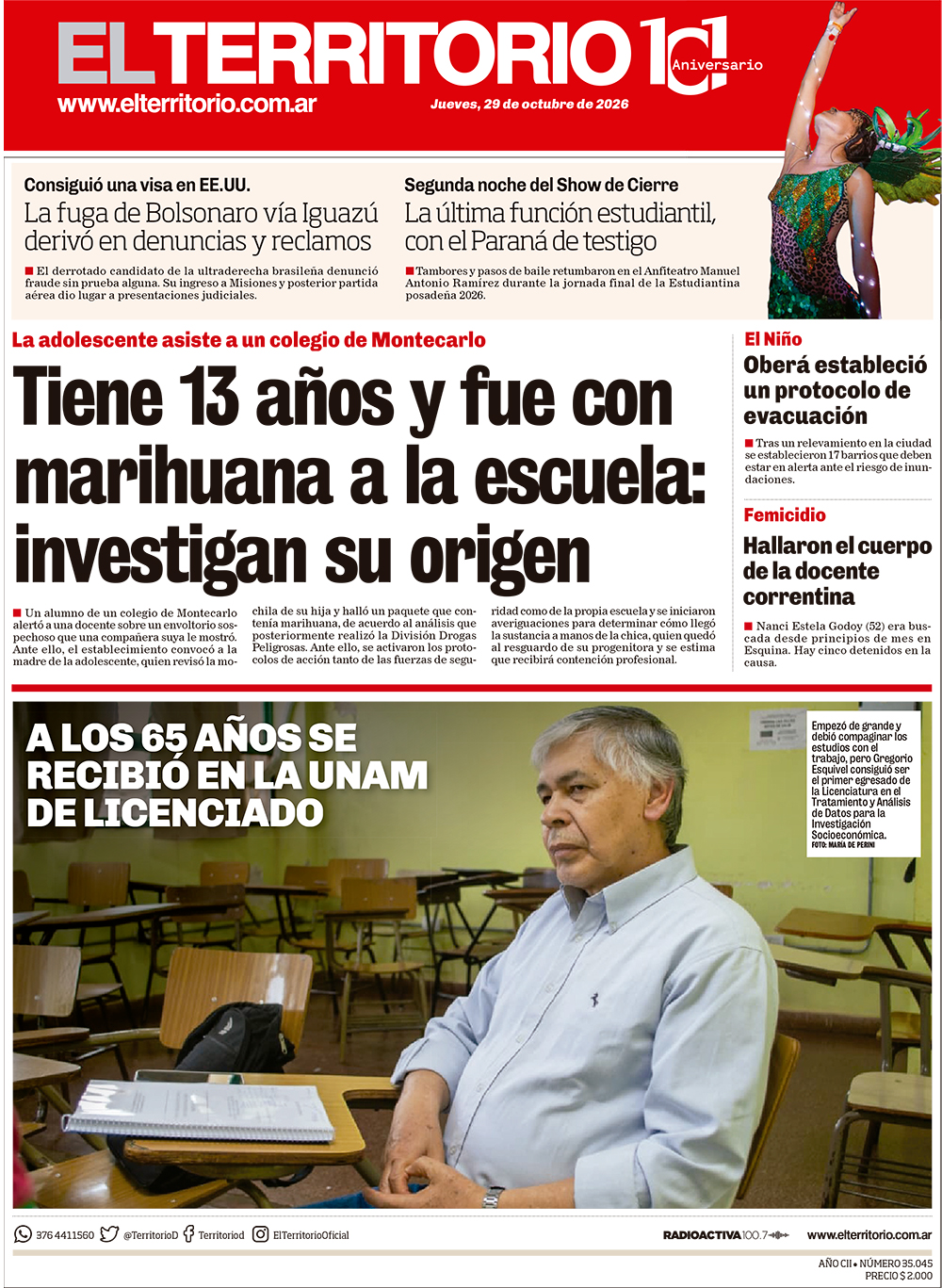 Tapa del diario El Territorio 29/10/2026
